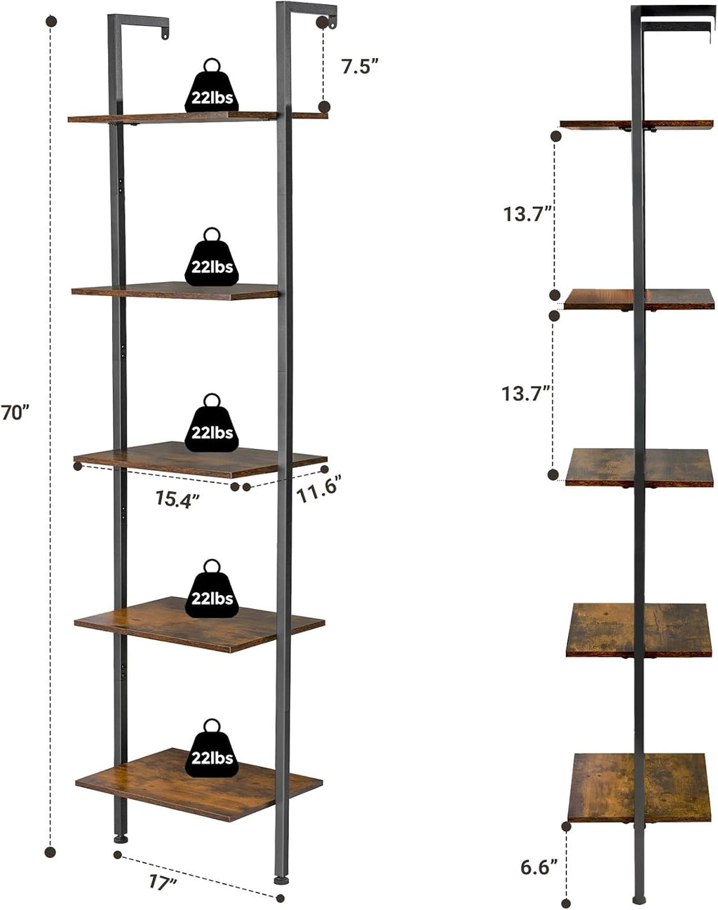 ELYKEN Ladder Shelf, 5-Tier Wood Wall Mounted Ladder Bookshelf