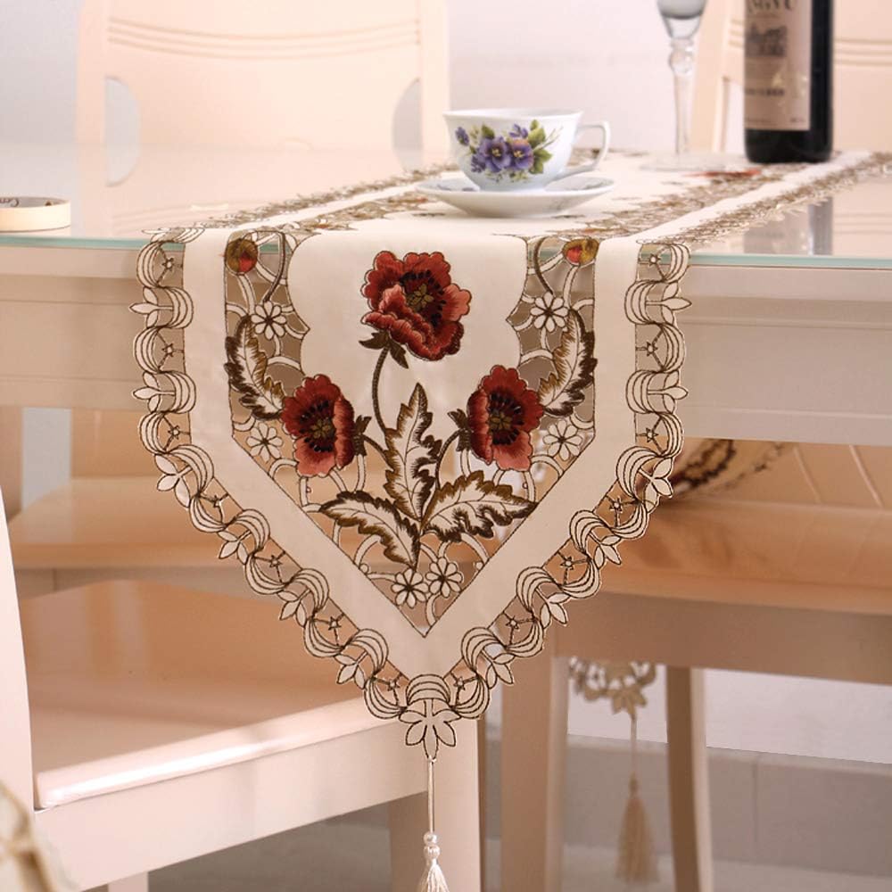 Arzoe Vintage European Flower Lace Table Runner Elegant Runners Cabinet Dining Room Table Decoration (Burgundy, 16×77 Inch)