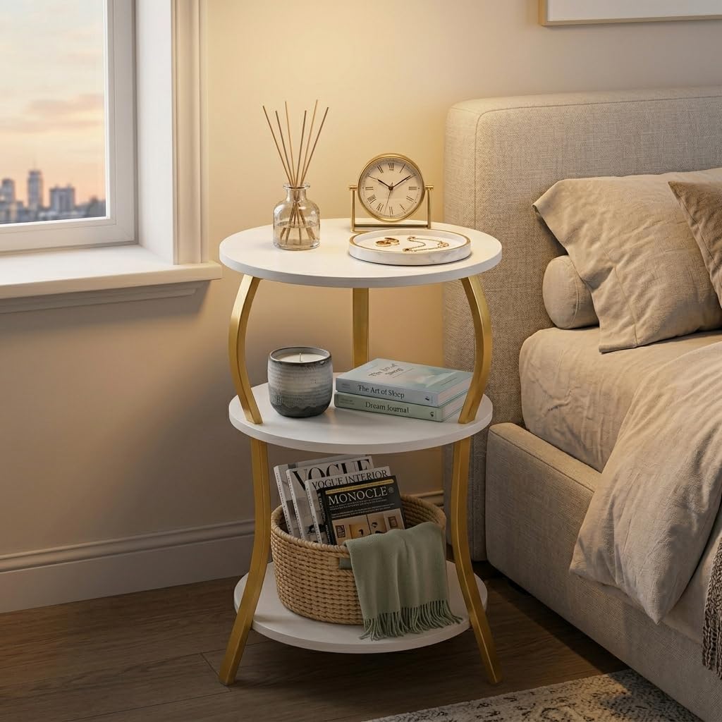 Vintage Small Round Side Table,3-Tier Slim Waist End Table for Small Spaces