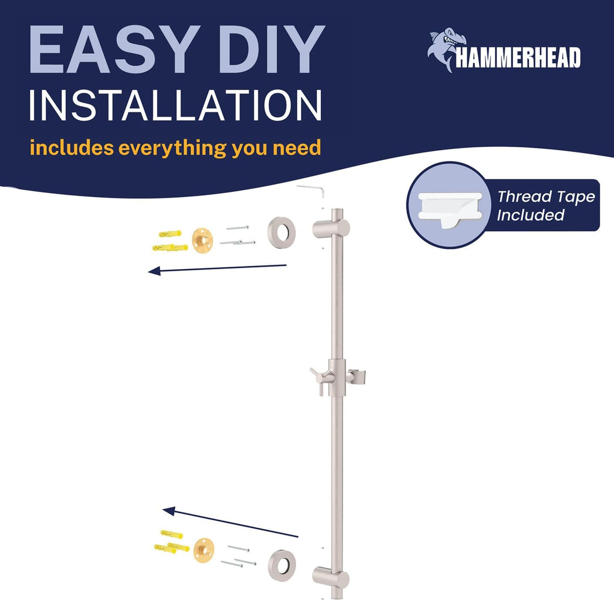 HammerHead Metal Shower Slide Bar Universal Adjustable Height, 27.5 Inch