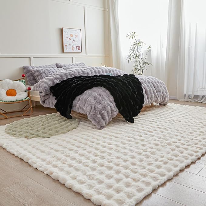 Creamy White Rabbit Plush Rug 8'x10', Fluffy Faux Fur Shaggy Area Rug - Image 5