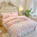 MOOWOO Pink Bedding-Romantic Ruffle Lace Bedding Set 2 Piece Comforter Twin Duvet Cover with Zipper Closure,Aesthetic Room Decor for Girls-Pink,Twin Size