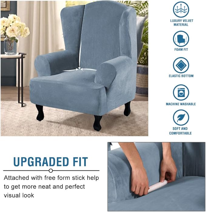 H.VERSAILTEX Wingback Chair Covers Velvet Plush Wing Chair Slipcover 1 Piece - Image 4