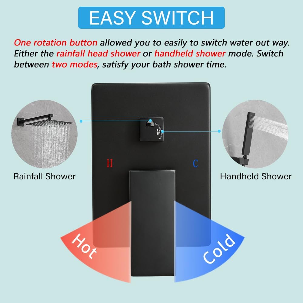 Shower Faucet Set Complete, Wall Mount Shower System for Bathroom 12 Inch High-Pressure Rainfall Shower with Handheld, Rough-in Valve Body and Trim Kit, Matte Black