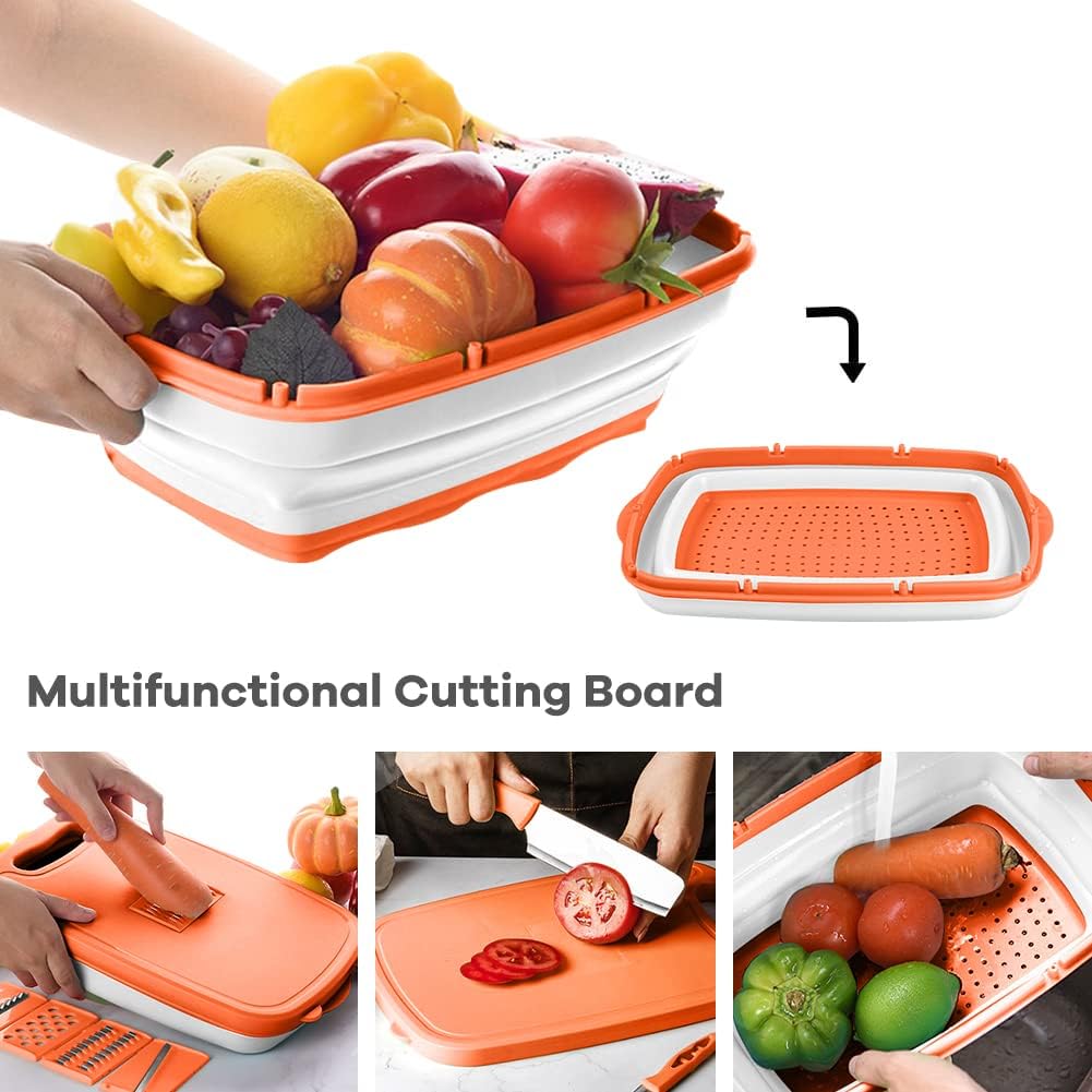 Gintan Camping Cutting Board, 9-in-1 Collapsible Chopping Board with Colander, Kitchen Vegetable Washing Basket for Camping, Camping Gifts Camping Accessories for RV Campers (orange)