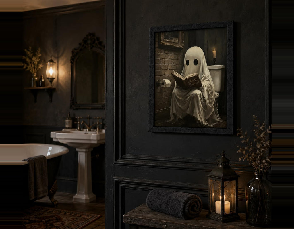 Halloween Bathroom Wall Art, Ghost Reading Picture, Funny Spooky Decor