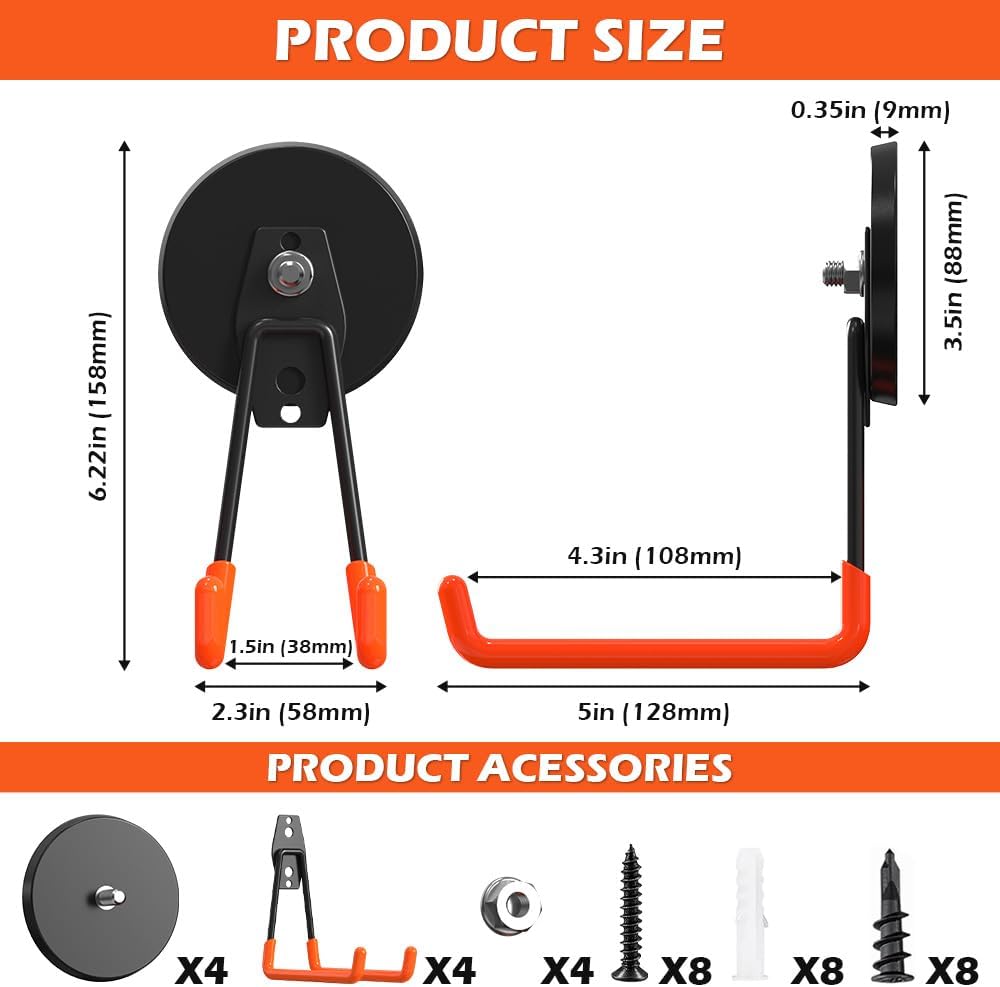 4Pcs Large Magnetic Hooks Heavy Duty Strong Magnet Hooks Heavy Duty Garage Storage Hook Utility Magnet Hooks for Garage Shelve Tool Cart Garden Tools Magnetic Hanger Holder Organization for Hanging