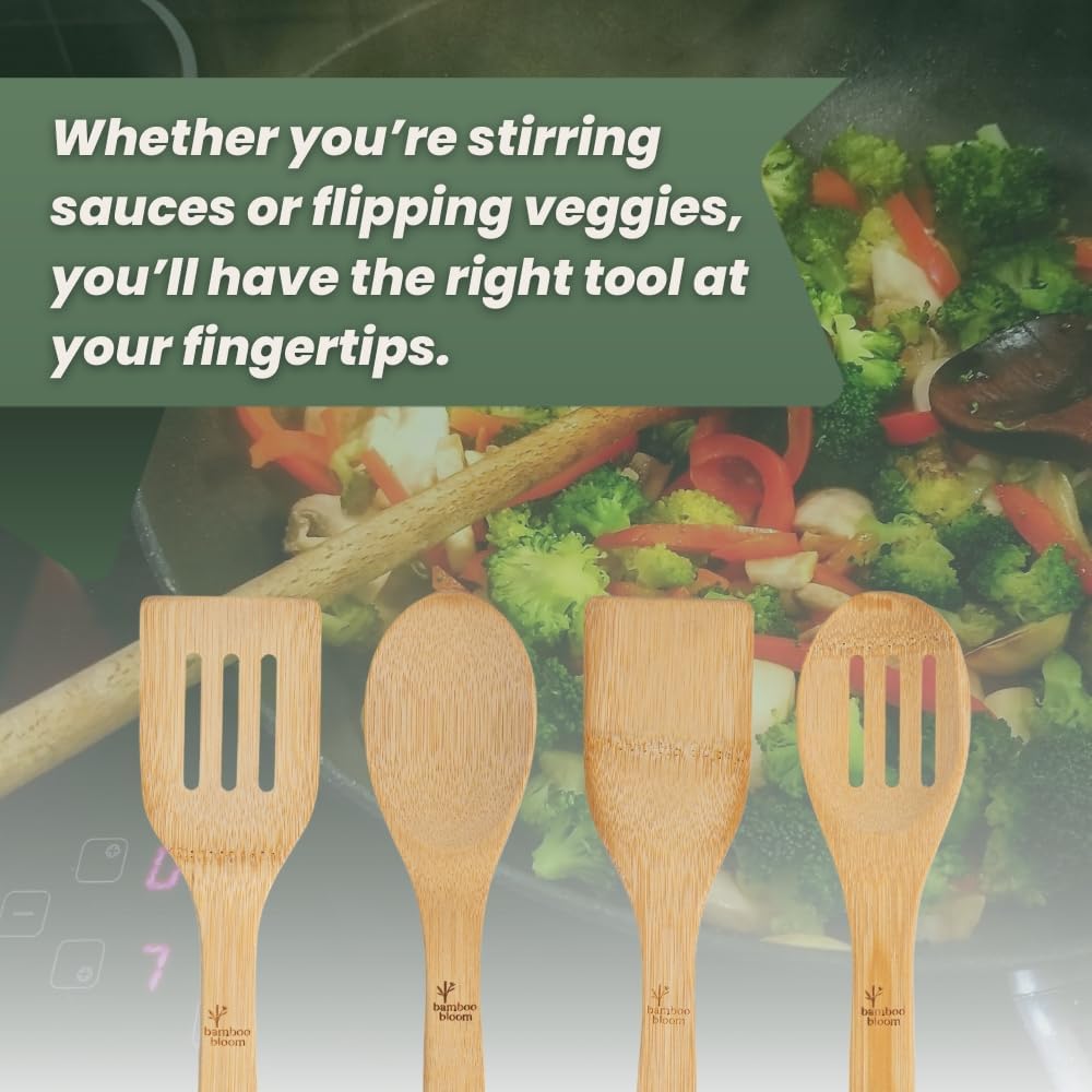 Bamboo Kitchen Utensils Set with Holder, 4-Pieces Wooden Cooking Utensils for Nonstick Cookware, Natural Bamboo Spoons & Spatulas, Comfortable Grip, Kitchen Essentials (4 Pieces + Holder)