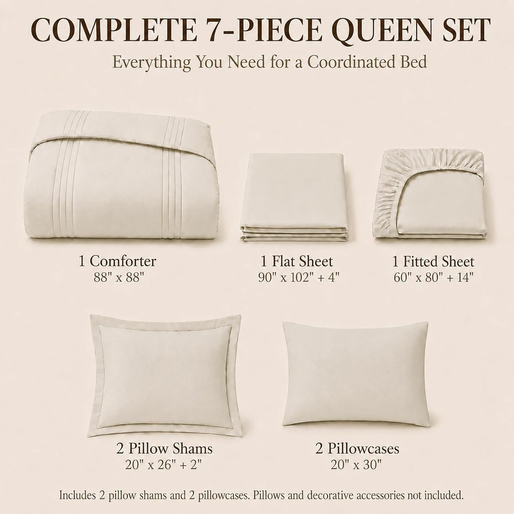 CozyLux Queen Comforter Set Beige - 7 Pieces Vertical Quilted Bed in a Bag