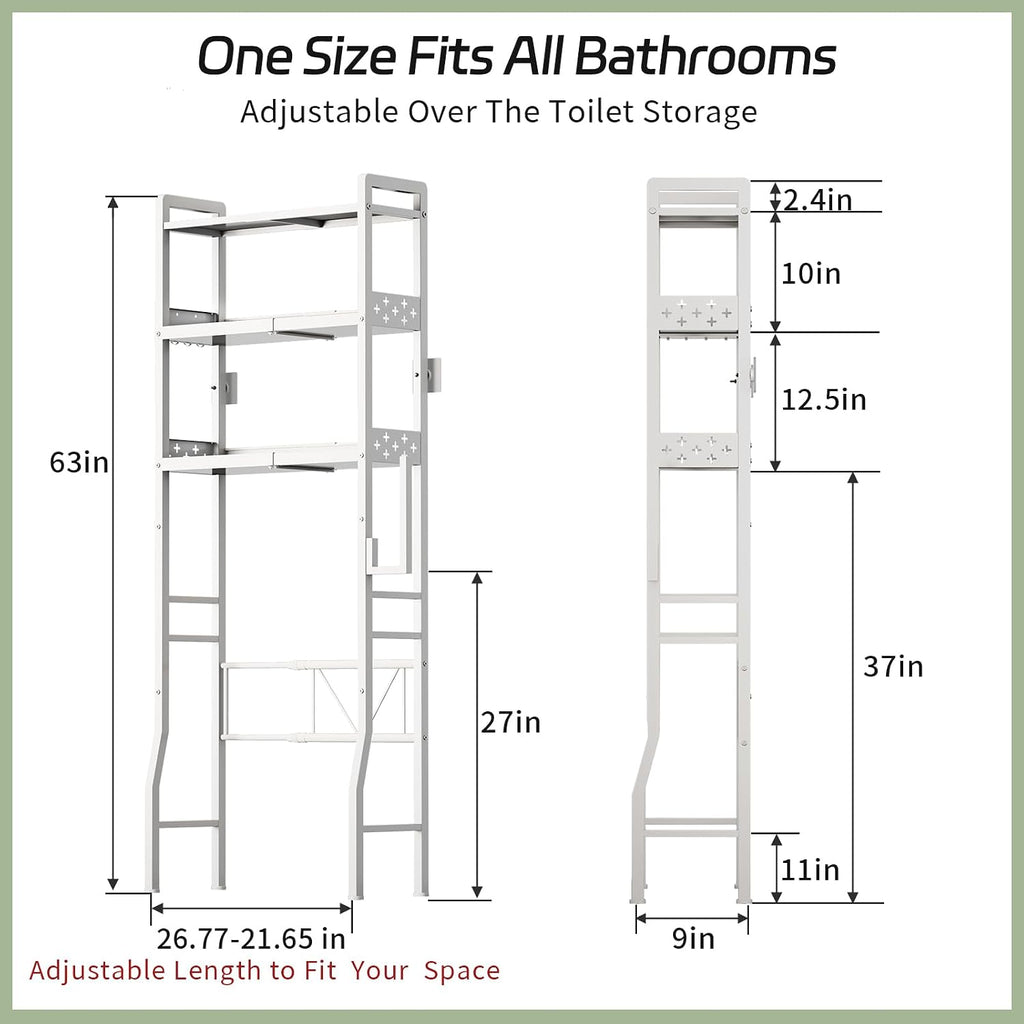 Over the Toilet Storage Shelf 3-Tier Adjustable Bathroom Organizers and Storage Shelves Bathroom Rack Above Toilet Storage with Paper Holder and 4 Hooks Space Saver Storage for Laundry