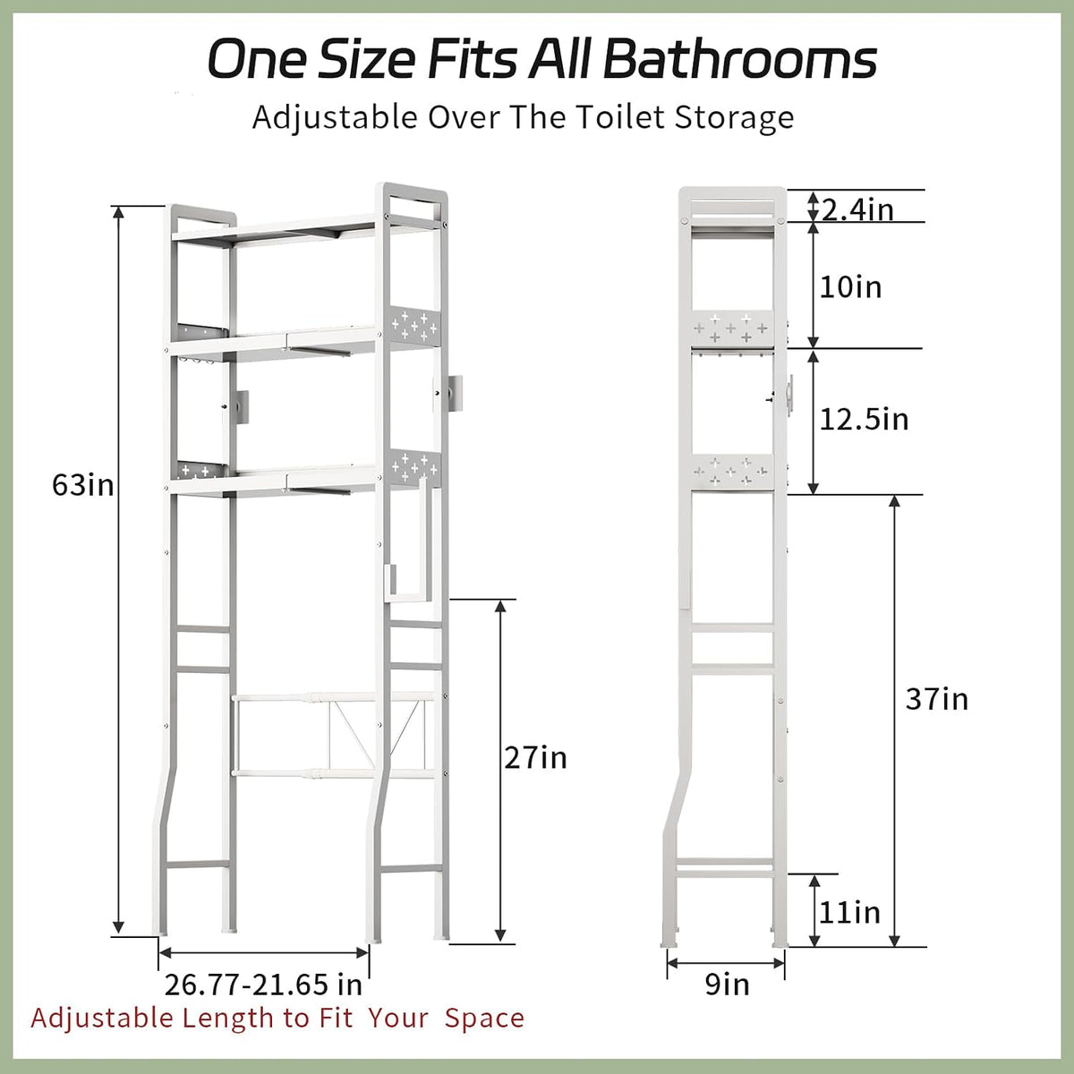 Over the Toilet Storage Shelf 3-Tier Adjustable Bathroom Organizers and Storage Shelves Bathroom Rack Above Toilet Storage with Paper Holder and 4 Hooks Space Saver Storage for Laundry