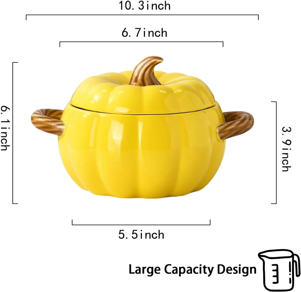 Dutch Oven Pot with Lid, Pumpkin Pottery Dessert Saucepan, Mini Baking Dish Cute Pumpkin Bowl, Covered Dutch Oven Ceramic Stockpot, Pumpkins-Shaped Casserole (Yellow)
