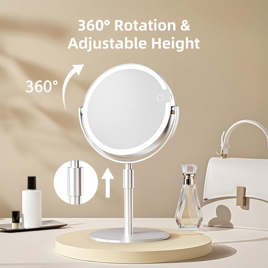 FRANO Makeup Mirror with Lights, Lightweight 8" Double-Sided Magnifying Vanity Mirror 1X/10X, Rechargeable, Adjustable Brightness with 3 Colors, Gift for Mom,Women, Wife, Girls, Dorm Room Essential