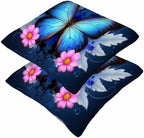 Blue Morpho Butterfly Throw Pillow Covers 18x18 Set of 2,Pink Daisy Flower White Feather Decorative Pillow Covers for Sofa Couch Living Room Soft Home Decor,Outdoor Patio Car Cushion Cases