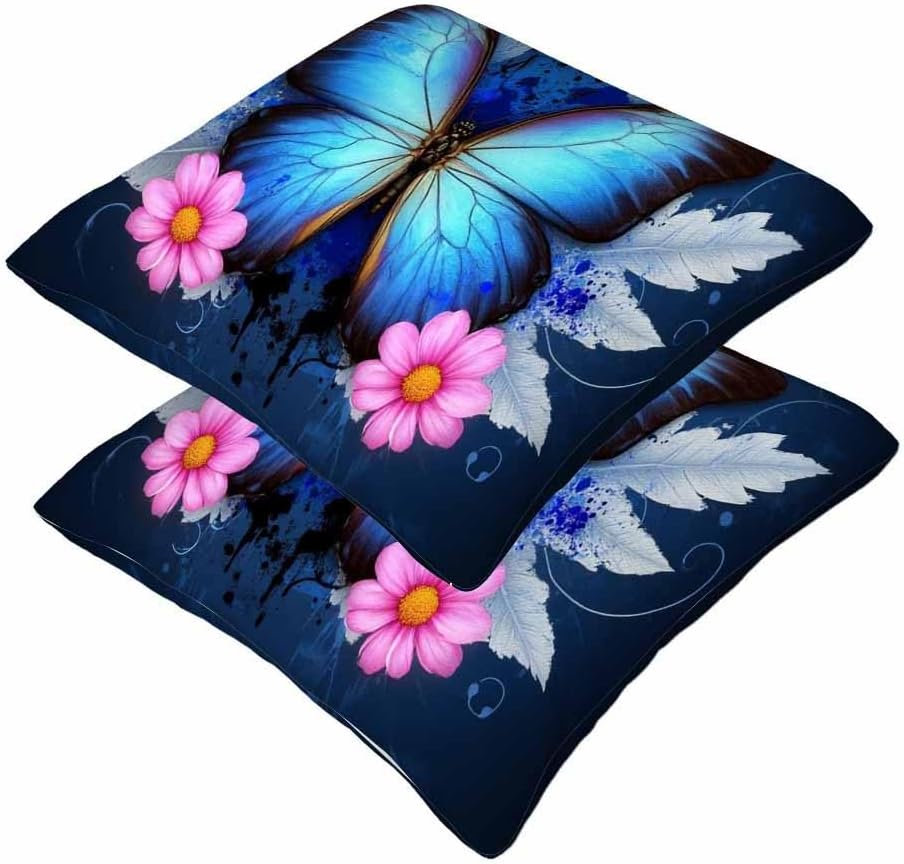 Blue Morpho Butterfly Throw Pillow Covers 18x18 Set of 2,Pink Daisy Flower White Feather Decorative Pillow Covers for Sofa Couch Living Room Soft Home Decor,Outdoor Patio Car Cushion Cases