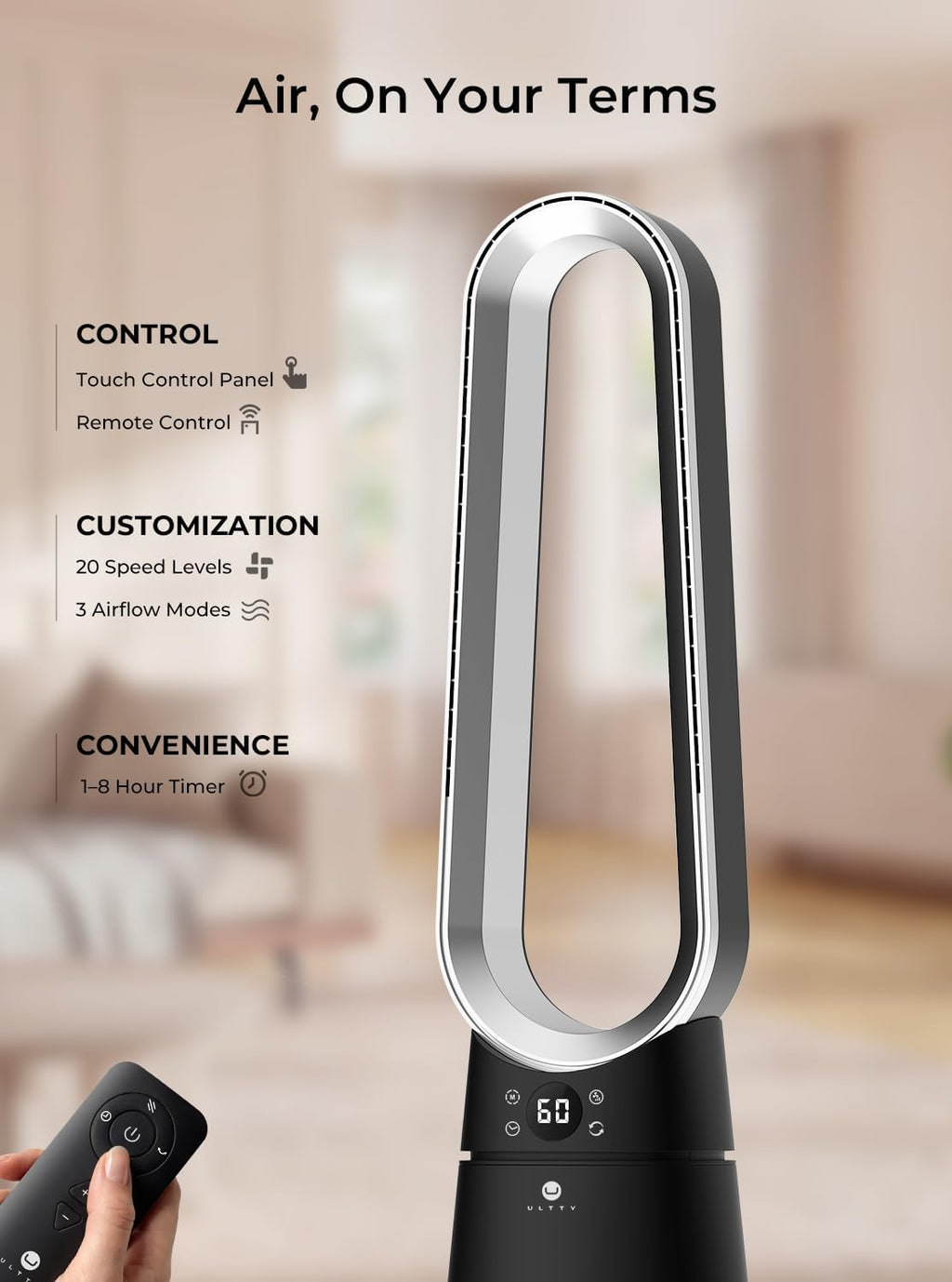 ULTTY Bladeless Tower Fan for Bedroom, 20 Speeds 3 Modes, Standing Fan with Remote, 8H Timer, 38" Quiet Tower Fan, 120° Oscillation, Powerful 25ft/s Airflow Cooling Floor Fan for Home Office, Black
