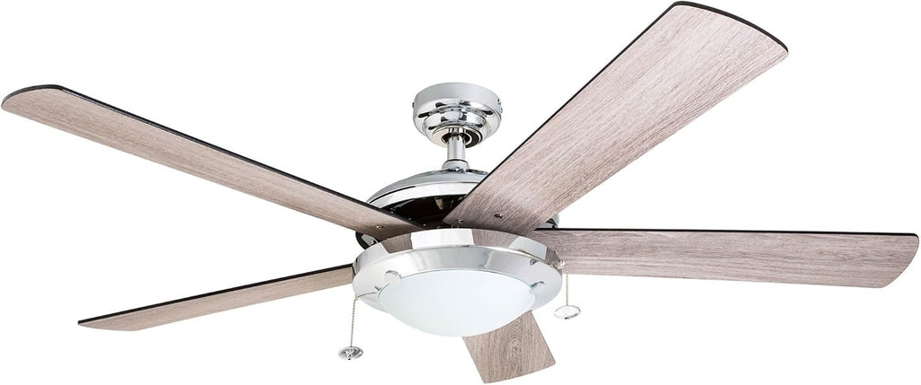 Prominence Home Bolivar, 52 Inch Modern LED Ceiling Fan with Light, Pull Chain, Dual Mounting Options, Dual Finish Blades, Reversible Motor - 80100-01 (Chrome)