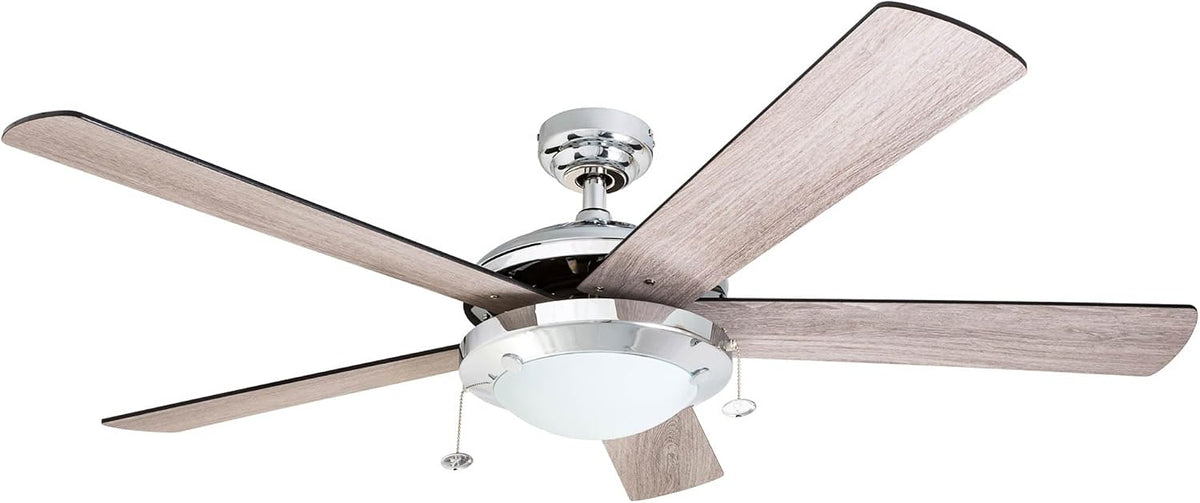 Prominence Home Bolivar, 52 Inch Modern LED Ceiling Fan with Light, Pull Chain, Dual Mounting Options, Dual Finish Blades, Reversible Motor - 80100-01 (Chrome)