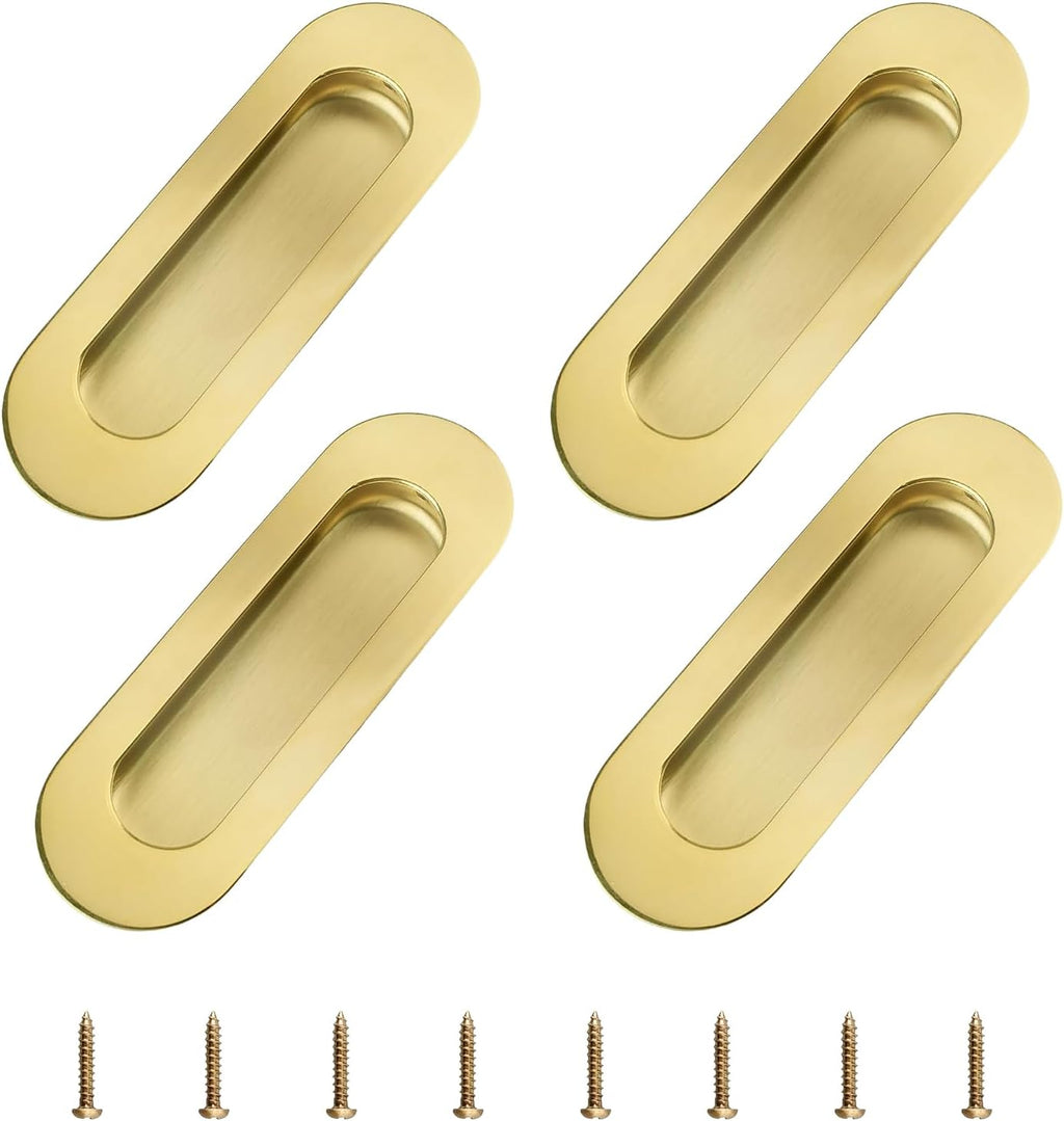 MOROBOR 4Pcs Stainless Steel Side Hole Flush Pull, Oval Bright Gold Embedded Sliding Door Handle Recessed Finger Pulls with Hidden Screws for Pocket Door Drawer Cupboard Wardrobe