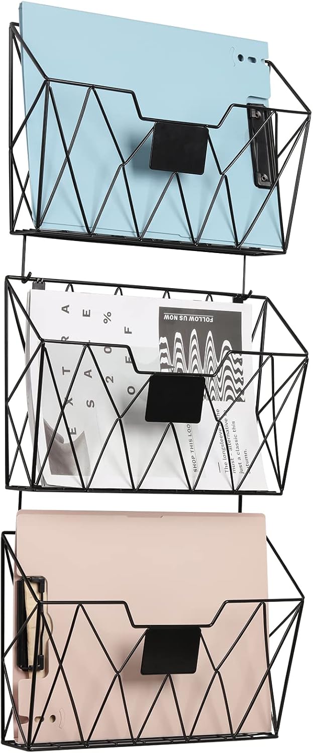 YBING Wall File Organizer, Hanging File Holder & Basket Set of 3, Black