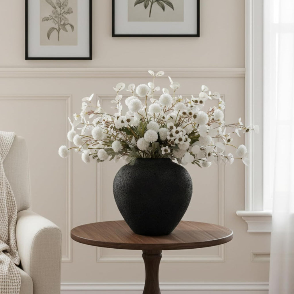 Large Black Round Vase, Pottery Rustic Look for Home Decor