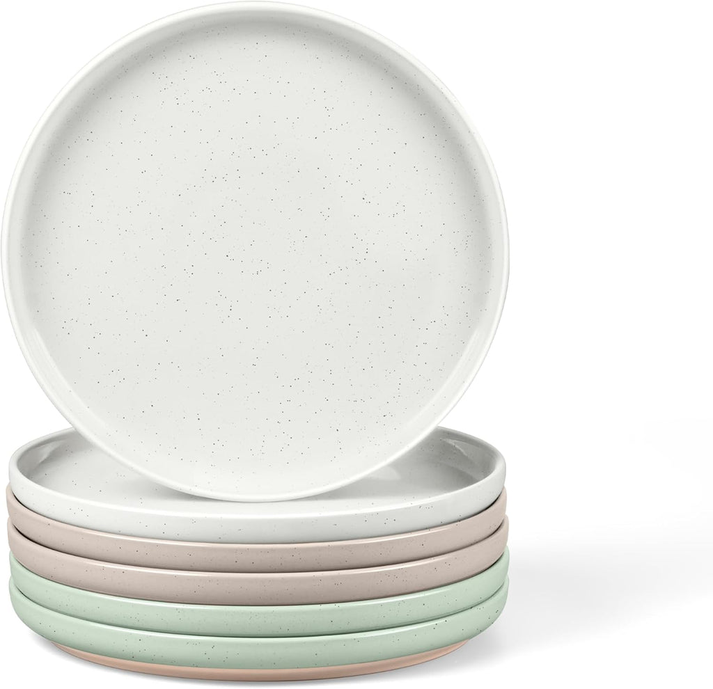 LIANYU Stoneware Salad Dinner Plates Set of 6, 7.75 Inch Porcelain Dinner Plate for Kitchen, Ceramic Dessert Dishes Set, Oven, Microwave & Dishwasher Safe, Scratch Resistant, Three-color