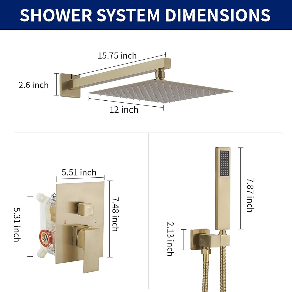 BWE 12 Inch Brushed Gold 2-Faction Wall Mounted Bathroom Shower System Set