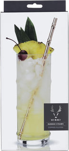 Viski Stainless Steel Cocktail Straws - Reusable Copper Bamboo Tiki Straws- Eco-Friendly Bamboo Finish Metal Drinking Sipper 9.5 Inch, Set of 4