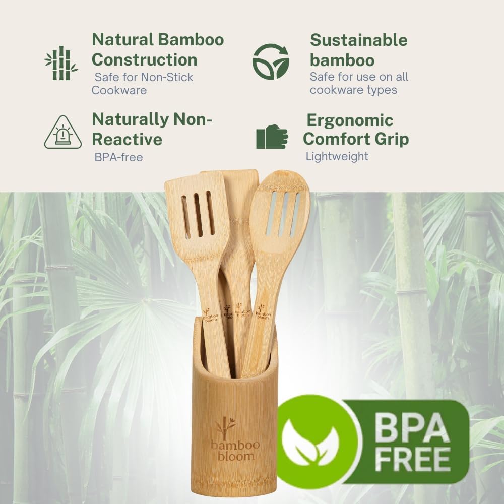 Bamboo Kitchen Utensils Set with Holder, 4-Pieces Wooden Cooking Utensils for Nonstick Cookware, Natural Bamboo Spoons & Spatulas, Comfortable Grip, Kitchen Essentials (4 Pieces + Holder)