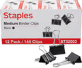 Staples Medium Binder Clips, 0.63 Inch Capacity, Black, 144 Clips/Pack