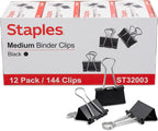 Staples Medium Binder Clips, 0.63 Inch Capacity, Black, 144 Clips/Pack
