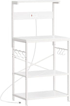 SUPERJARE Kitchen Bakers Rack with Power Outlet, Coffee Bar Table 4 Tiers, Kitchen Microwave Stand with 6 S-Shaped Hooks, Storage Shelf Rack for Spices, Pots and Pans - White