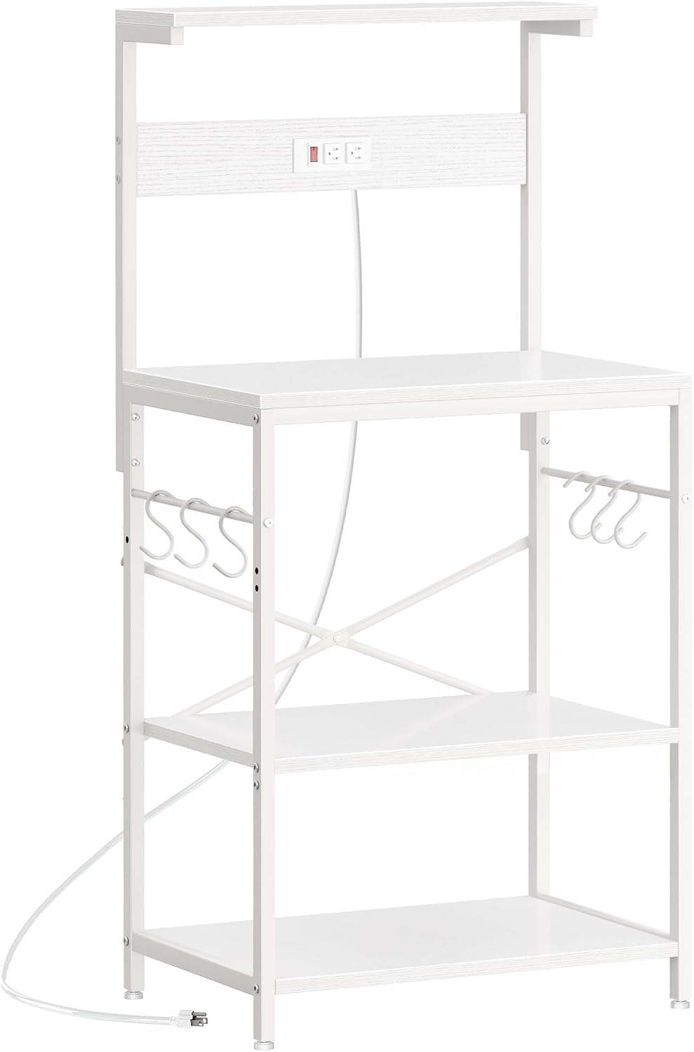SUPERJARE Kitchen Bakers Rack with Power Outlet, Coffee Bar Table 4 Tiers, Kitchen Microwave Stand with 6 S-Shaped Hooks, Storage Shelf Rack for Spices, Pots and Pans - White
