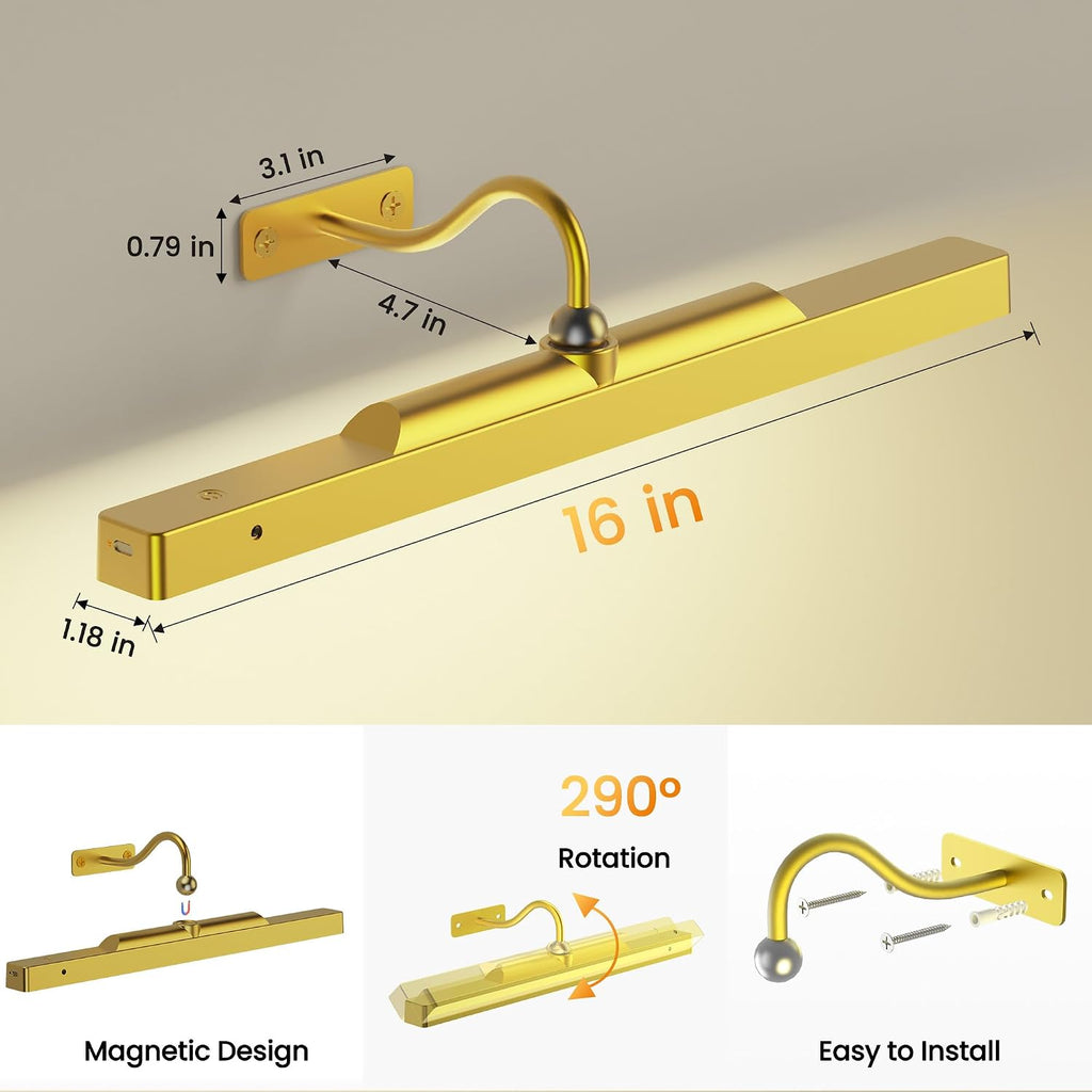 Lights for Pictures on Wall, 16in Battery Operated Picture Lights for Paintings, 5000mAh Wall Lights with Remote and 3 Light Modes,Art Light for Wall Painting,Frame, Portrait, Dartboard - Gold