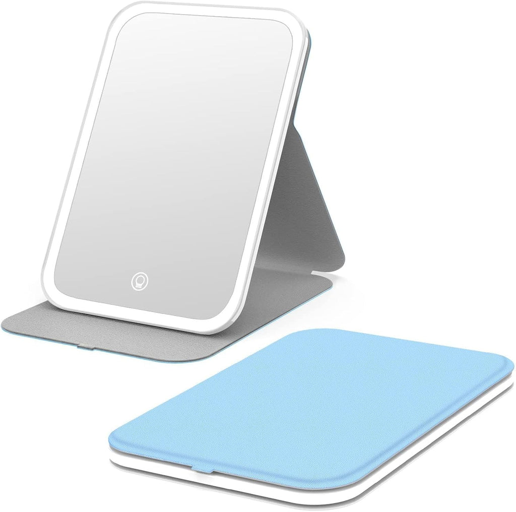 Kintion Travel Makeup Mirror, Portable LED Lighted Folding Mirror (Blue)