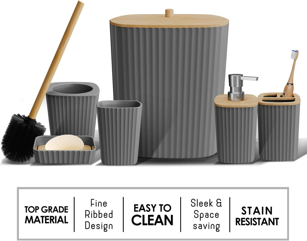 Clara Clark Bathroom Set - Grey Bathroom Accessories Set, 6PC Bathroom Accessory Set, Bathroom Sets with Toilet Brush, Trash Can & Soap Dispenser