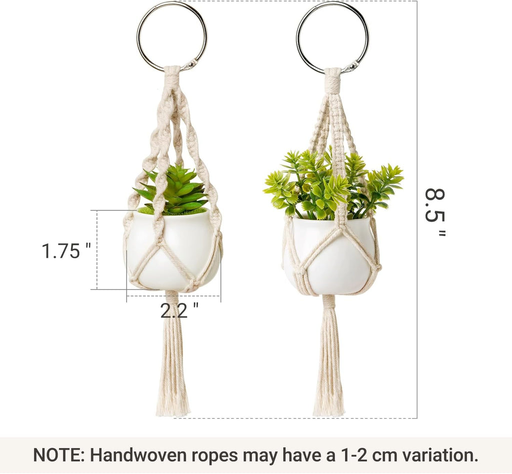 2 Pack Mini Macrame Succulent Plant Hangers for Car Rearview Mirror