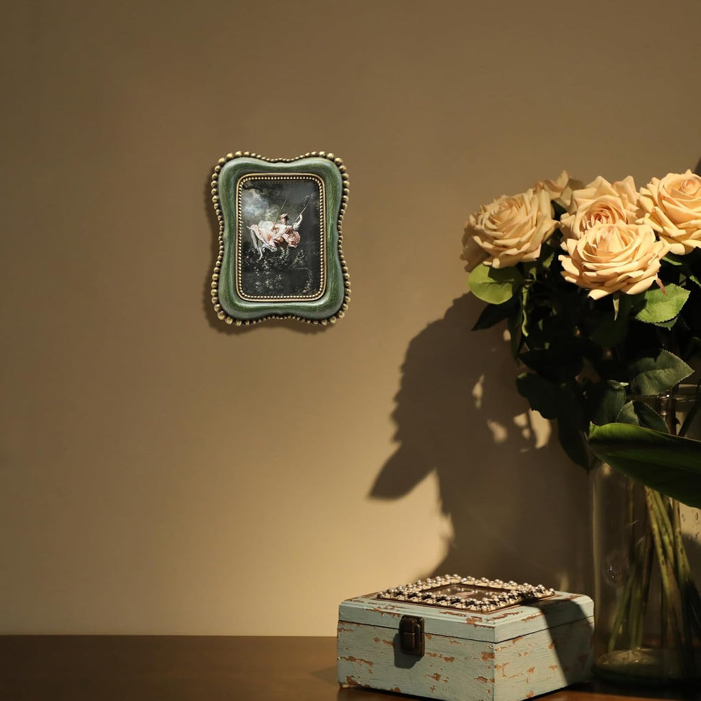 2.5x3.5 Small Vintage Picture Frame, Tiny Antique Green Ornate Photo Frame, for Tabletop and Wall Display, Decorative Retro Home Decor, Old Fashioned Photo Gallery Art