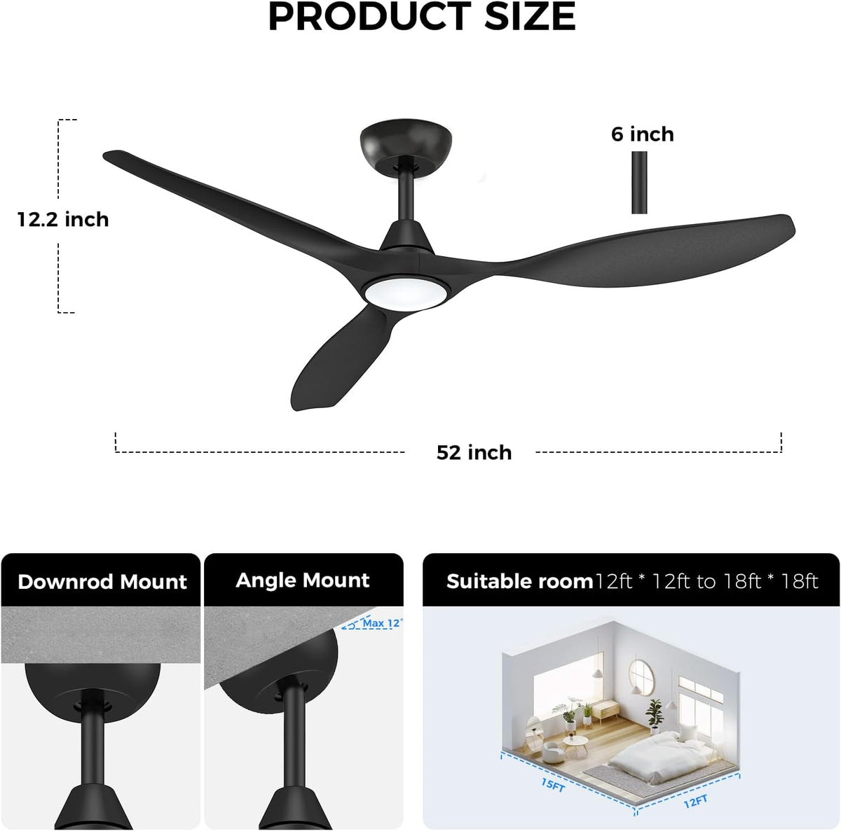 Roomratv 52'' Smart Ceiling Fan with Light, Wide Blade Design, Remote