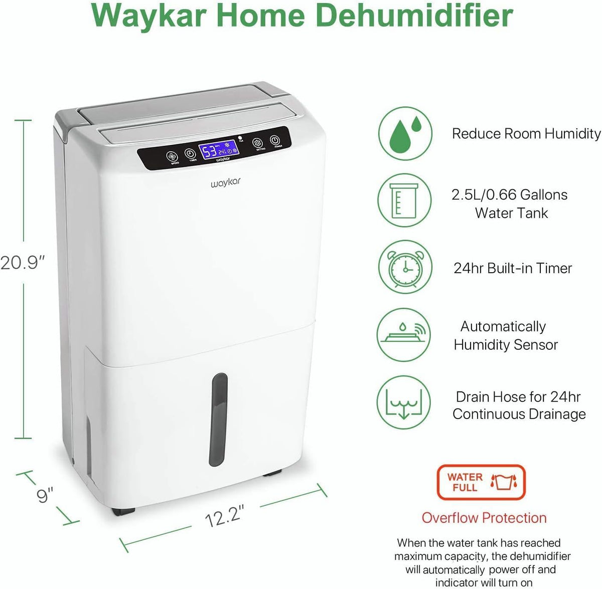 Waykar 34 Pints Energy Star Dehumidifier for Spaces up to 2,000 Sq. Ft at Home, in Basements and Large Rooms with Drain Hose and 0.66 Gallons Water Tank