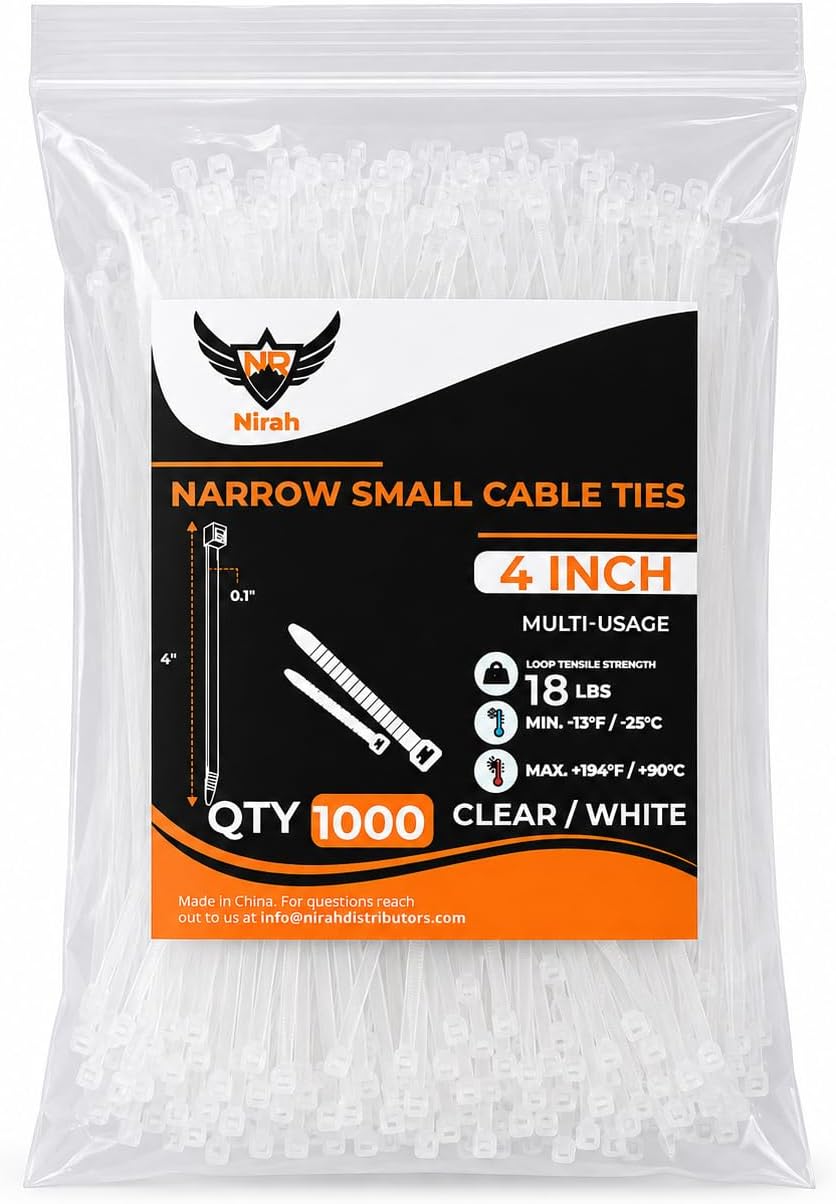 Small Zip Ties 4 inch Clear, 18lb Strength, 1000 pack UV-Resistant, Self-locking PA 66 Nylon Small Cable Ties for Home, Office, Garden, Cable Management by Nirah