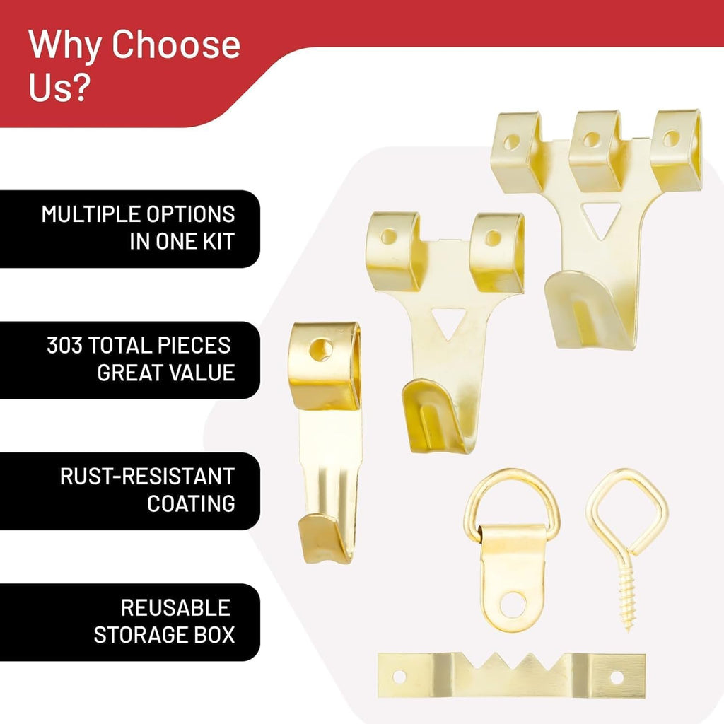 303 Piece Picture Hanging Kit, Gold Finish Wall Hooks and Iron Hangers