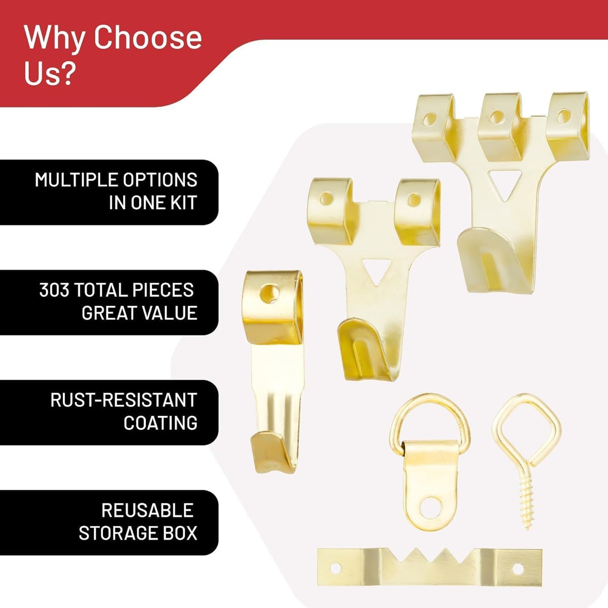 303 Piece Picture Hanging Kit, Gold Finish Wall Hooks and Iron Hangers