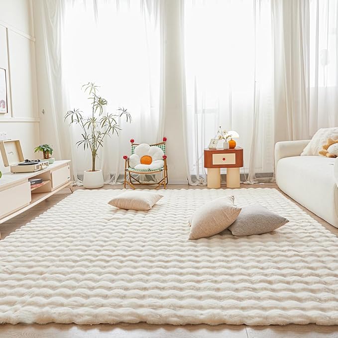Creamy White Rabbit Plush Rug 8'x10', Fluffy Faux Fur Shaggy Area Rug by CHOVY
