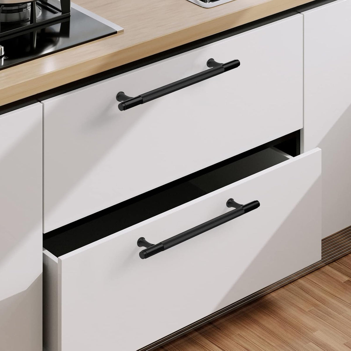 9BUILD 10 Pack 7 Inch Knurled Cabinet Pulls Matte Black Kitchen Cabinet Handles Cabinet Hardware Black Handles for Cabinets Cupboard Handles T Bar Handles