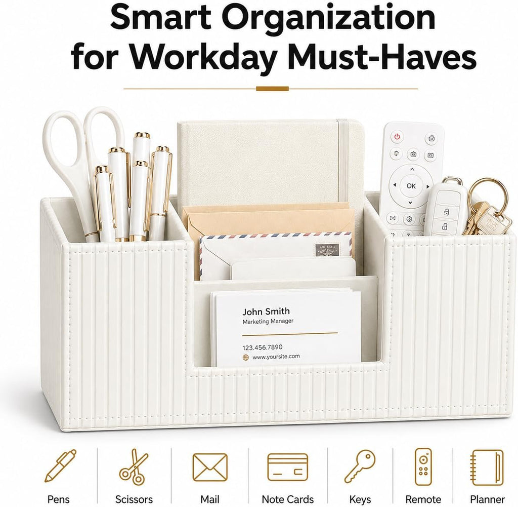 GORESE Pen Organizer for Desk, PU Leather Office Pen Holder, Ivory White