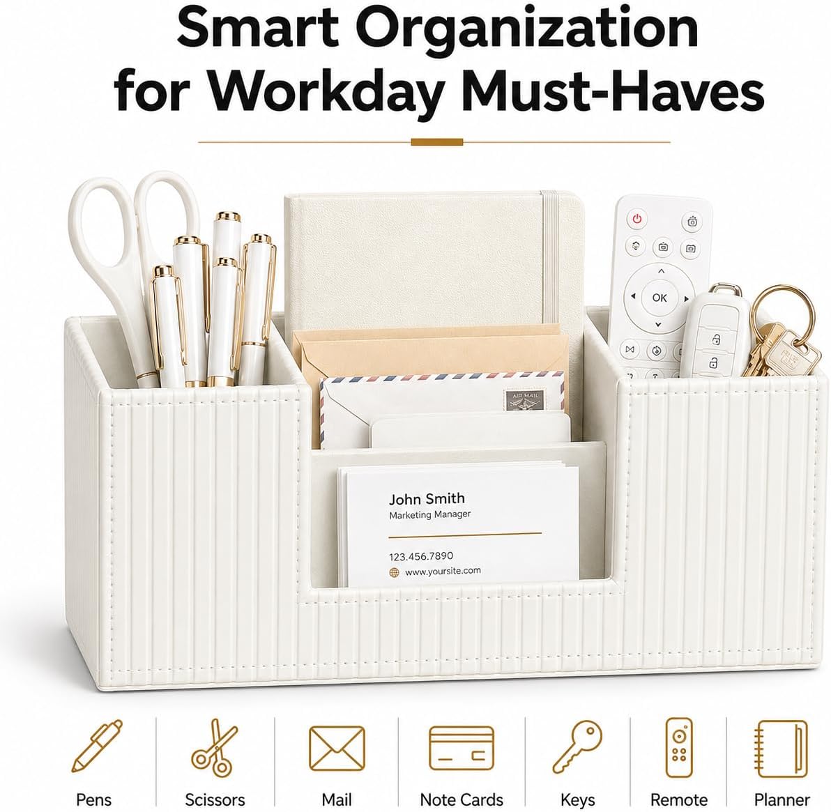 GORESE Pen Organizer for Desk, PU Leather Office Pen Holder, Ivory White