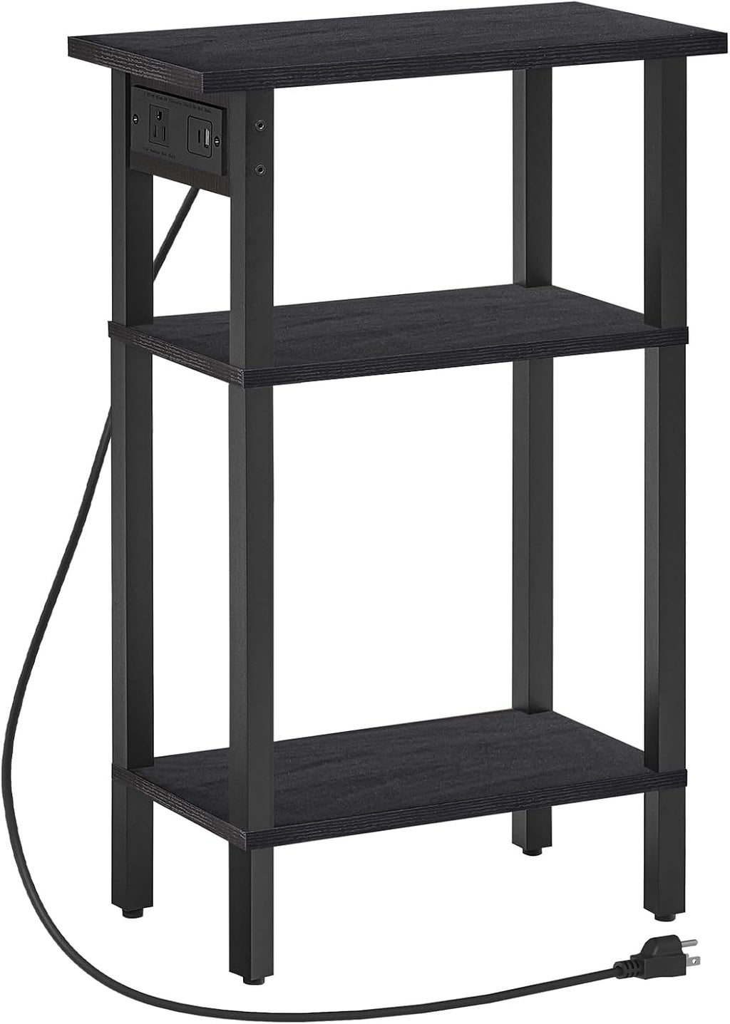 HOOBRO Narrow Side Table, 3-Tier Slim End Table with Charging Station, Skinny Nightstand with Open Storage, for Small Spaces, Living Room, Bedroom, Study, Rustic Brown and Black BB340UBZ01