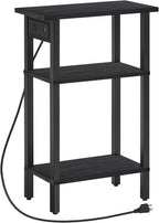 HOOBRO Narrow Side Table, 3-Tier Slim End Table with Charging Station, Skinny Nightstand with Open Storage, for Small Spaces, Living Room, Bedroom, Study, Rustic Brown and Black BB340UBZ01