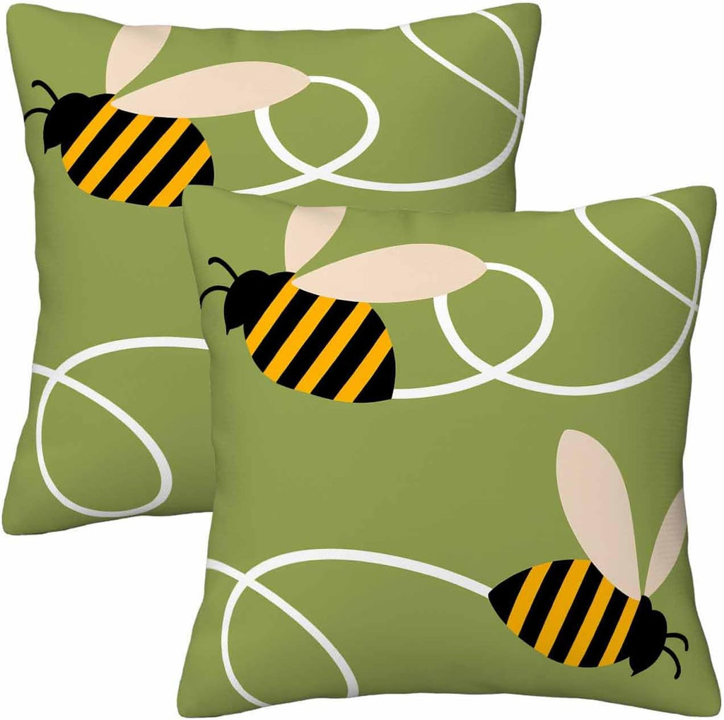 Cute Flying Bees Throw Pillow Covers 18x18 Set of 2,Black Yellow Striped Bees Summer Decorative Pillow Covers for Sofa Couch Living Room Soft Home Decor,Outdoor Patio Car Seat Cushion Cases